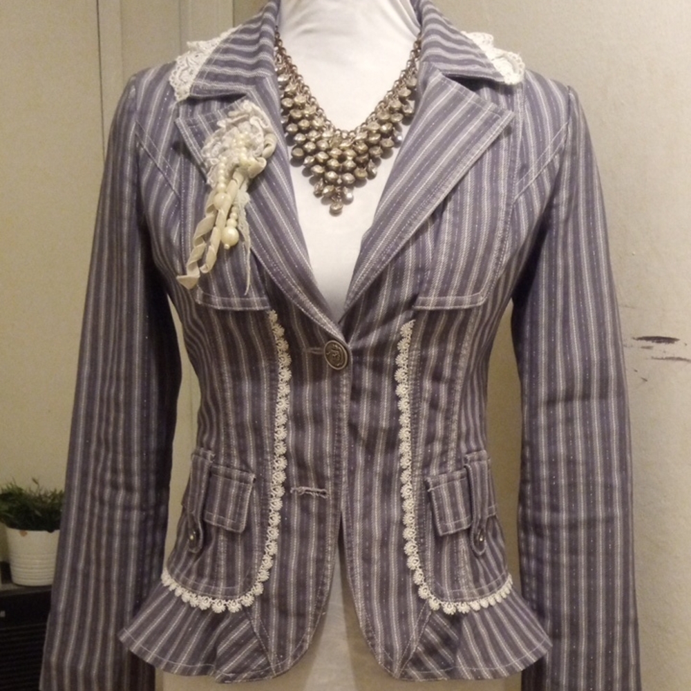 Lace-Trim Striped Women's Blazer Jacket - Gray